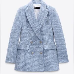 Zara Textured Double-breasted Blazer Blue White 8741/725 - large